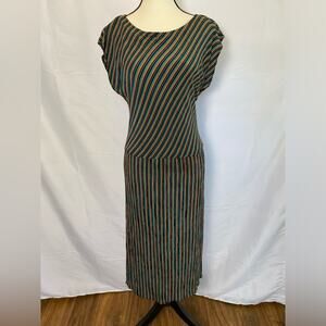 Vintage Popi Colorful Striped Short Sleeve Midi Dress Womens